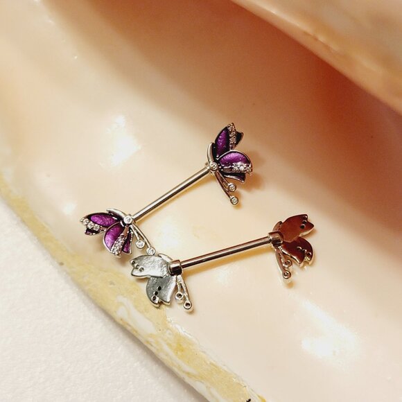 Pair of 14G bunny ends surgical steel nipple bars with pink CZ gems - Picture 2 of 6